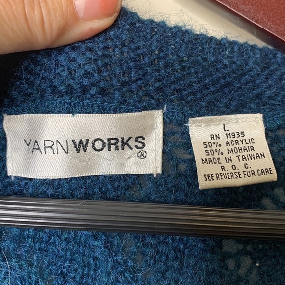 Yarnworks Blue Mohair Acrylic Blend Button Down Textured Knit V Neck Cardigan L - Picture 11 of 12